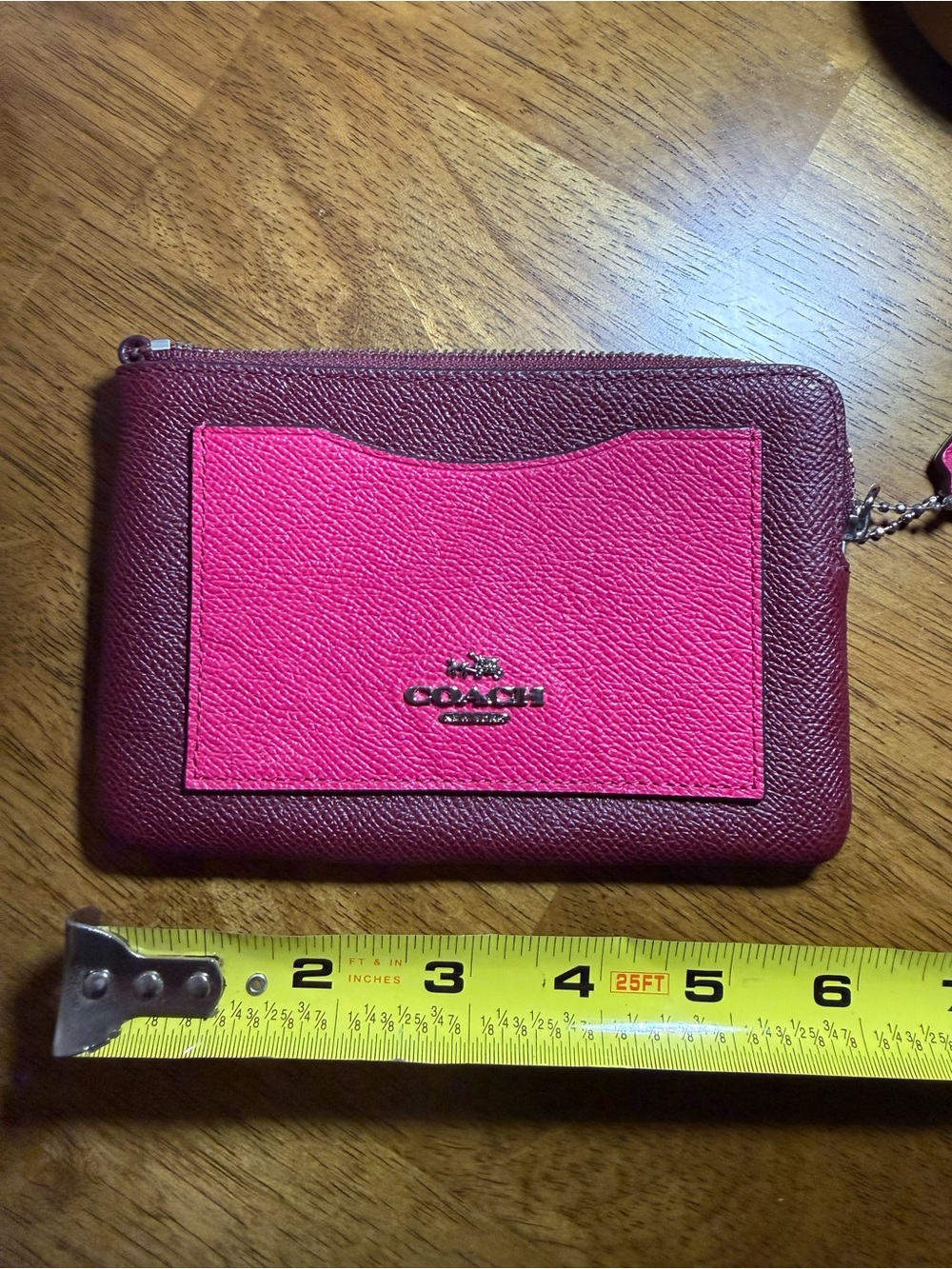 Coach Hot Pink Leather Tag Keychain with Silver Chain